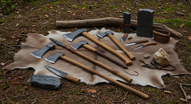 Collection of Ancient Handcrafted Axes and Blades Displayed on Animal Hide