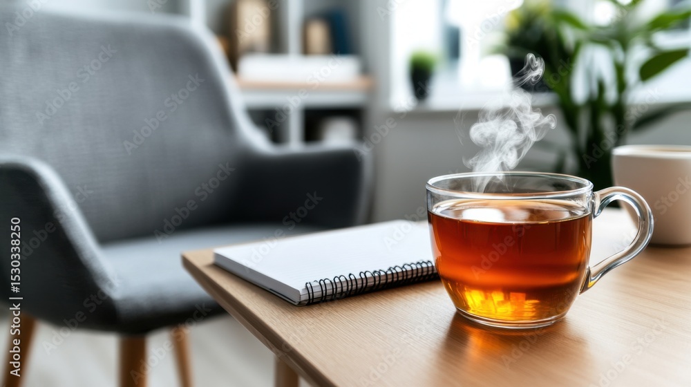 Poster a steaming cup of tea is placed on a wooden table near an open notebook. the setting features a comf