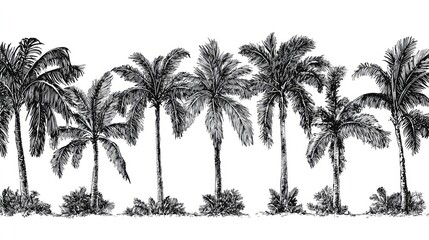 Hand-drawn tropical palm trees against a white background.