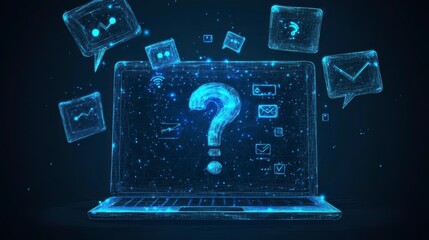 Glowing laptop with question mark and digital icons.