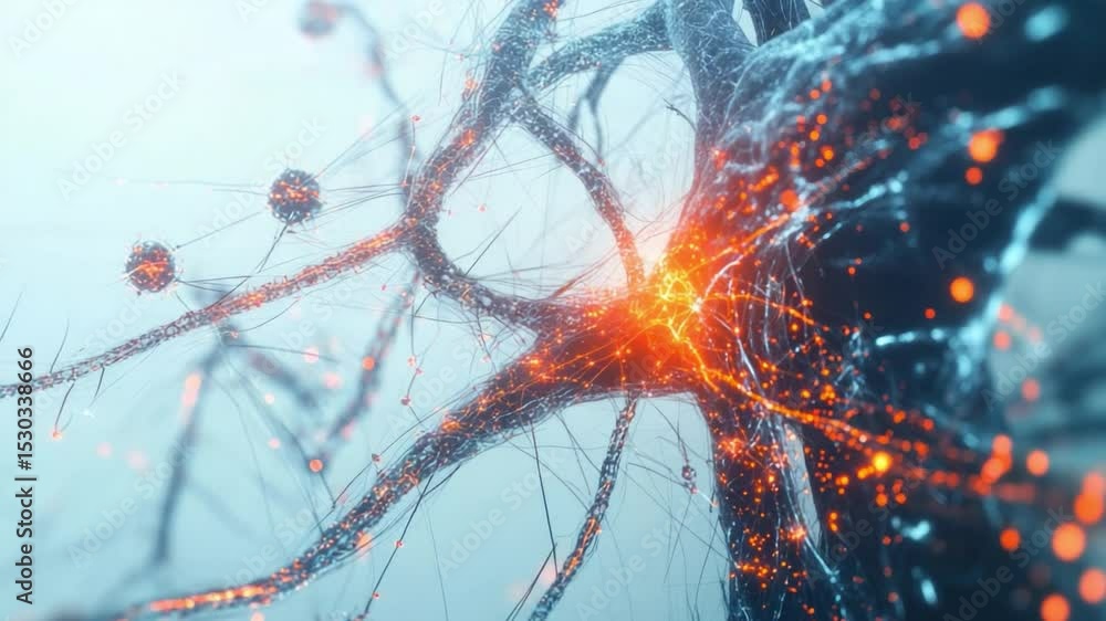 Poster network of the mind: intricate rendering of a neuron, showcasing the complex connectivity and electr