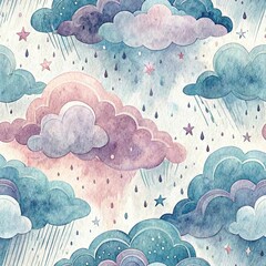 Watercolor seamless pattern with colorful clouds, raindrops, and stars on white background. Perfect for dreamy nursery designs