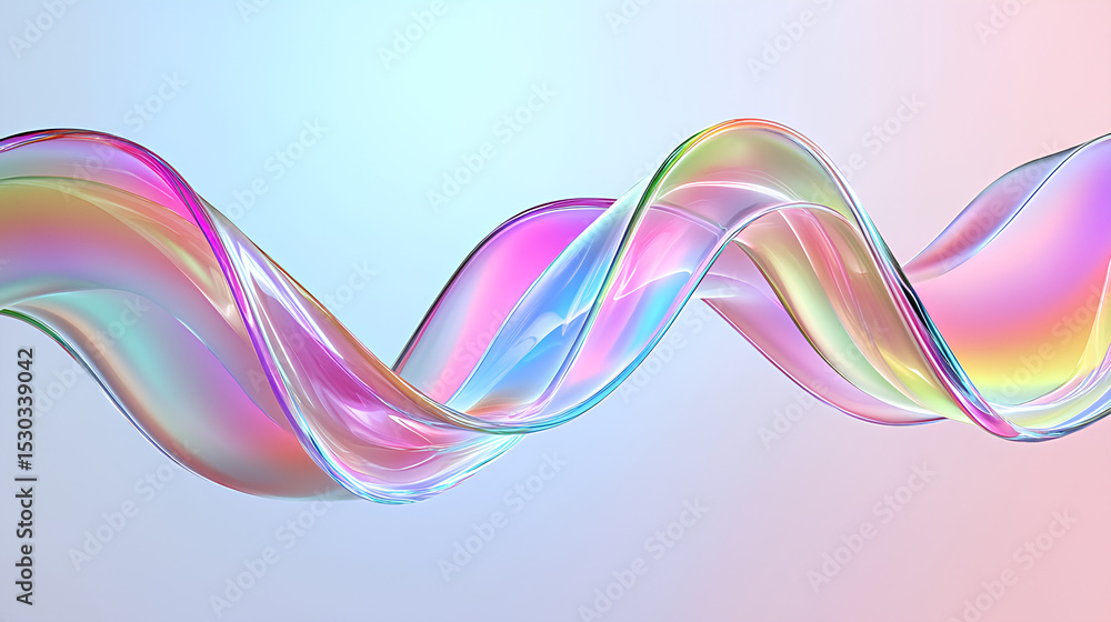 Poster 3d abstract liquid glass transparent clear ribbon chromatic fold wave line render. rainbow fluid flo