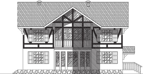 vector illustration of architectural design of old classic vintage ethnic traditional residential house construction
