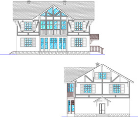 vector illustration of architectural design of old classic vintage ethnic traditional residential house construction