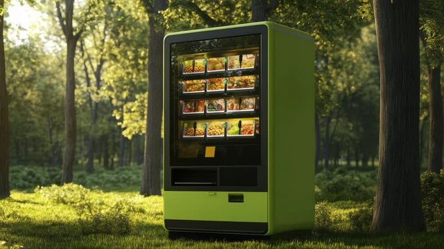Unique vending machine in a lush forest offers fresh food options for outdoor enthusiasts in sunny daylight