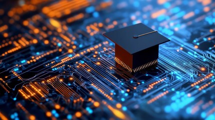 Graduation cap on a circuit board, symbolizing online education and technology.