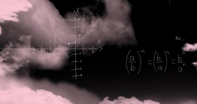 Chalk diagrams emerging on black sky, graph tracing, clouds drifting upward obscuring visuals