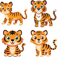 set of cartoon tiger in different poses isolated on white background
