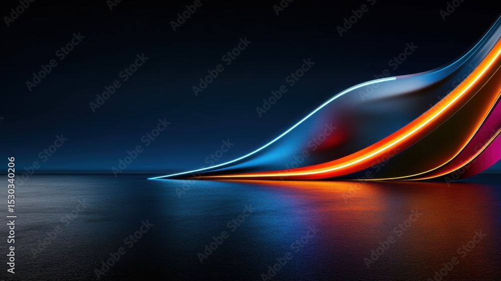 Poster bright, flowing lines of light in various colors create an abstract wave effect over a dark surface.