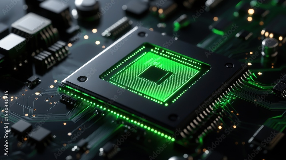 Poster a vibrant microprocessor emits a green glow, showcasing intricate circuitry on a black circuit board