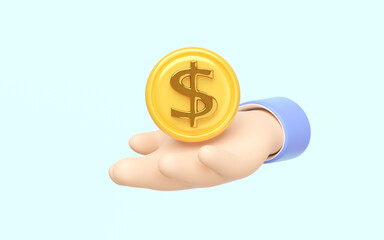 3d cartoon hand holding dollar coins icon isolated on blue background. investment business concept, 3d render illustration