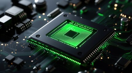 Obraz premium A vibrant microprocessor emits a green glow, showcasing intricate circuitry on a black circuit board. This setting highlights advanced technology and electronic engineering in a high-tech lab.