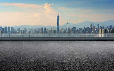 Panorama rooftop city skyline with empty floor.