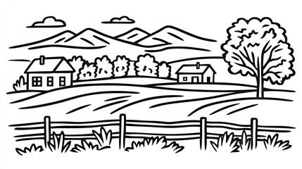 Obraz premium Simple line drawing of a rural landscape with a farmhouse and mountains.