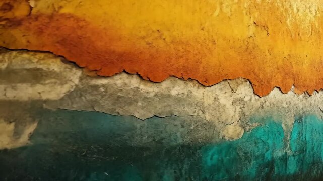 Abstract artwork featuring warm and cool tones, textured surface with cracked and layered effects