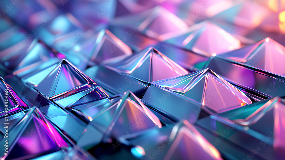 Poster abstract 3d background wallpaper with row of glass holographic transparent triangle plate shapes ren
