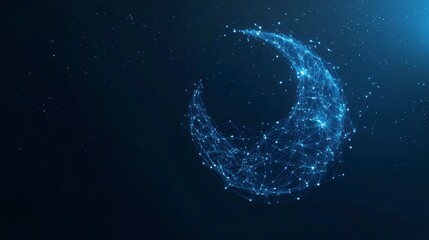 Abstract crescent moon formed by glowing network nodes and lines on dark blue background.