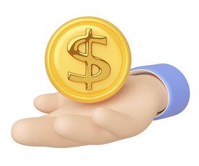 3d cartoon hand holding dollar coins icon isolated. investment business concept, 3d render illustration