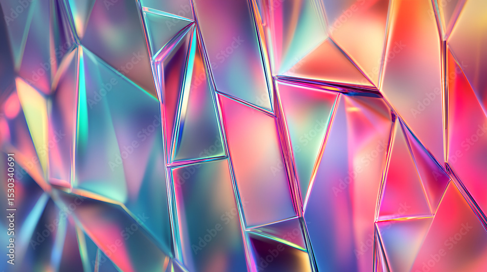 Poster abstract 3d background wallpaper with row of glass holographic transparent triangle plate shapes ren
