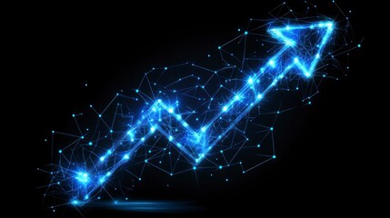 Glowing blue arrow pointing upward, formed by connected nodes and lines, symbolizing growth and success on black background.