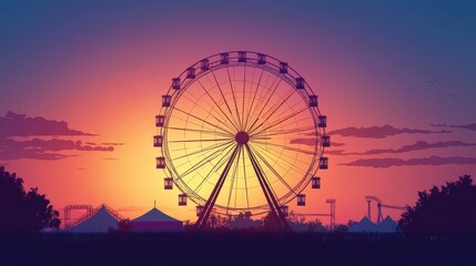 Ferris wheel silhouette at sunset over amusement park.
