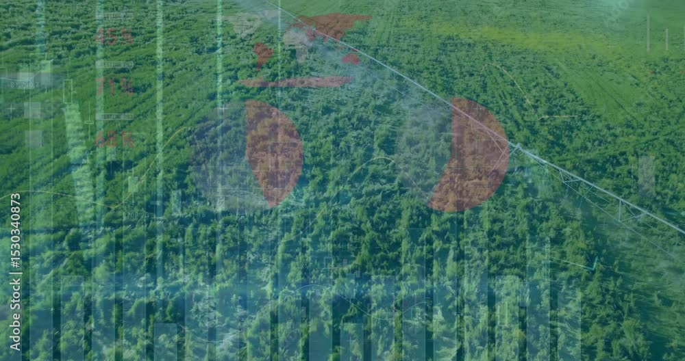 Poster camera drifting pie charts expanding over crops by pivot pipeline, bars rising revealing data