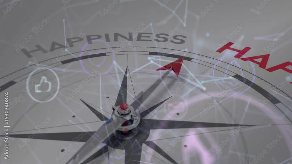 Poster red pointer rotating on 3d compass while digital icons appearing guiding pointer toward happiness