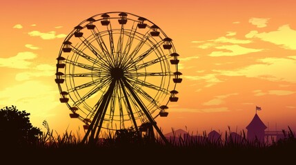 Silhouette of a Ferris wheel at sunset, overlooking a landscape with tall grass and a distant building.