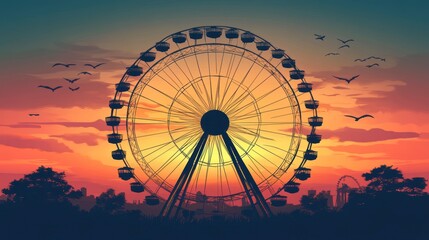 Silhouette of a Ferris wheel at sunset with birds flying.