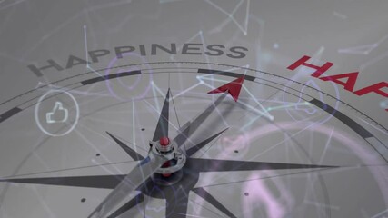 Red pointer rotating on 3D compass while digital icons appearing guiding pointer toward HAPPINESS - Powered by Adobe