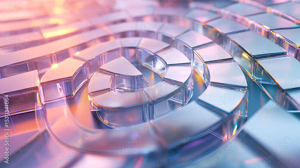 Poster abstract 3d background with glass spiral swirl effect of row square plates. holographic gradient lig