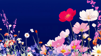 Vibrant digital illustration of colorful flowers in bloom, including shades of pink, orange, and white against a deep blue background, creating a peaceful and lively romantic spring scene
