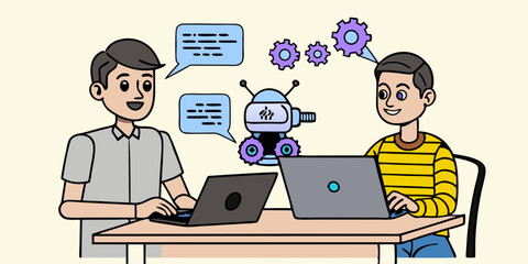 Two colleagues collaborating with ai robot on laptops