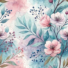 Delicate watercolor floral seamless pattern with pink flowers, blue-green leaves, and berries. Perfect for romantic feminine designs