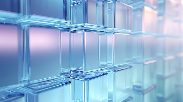 Abstract light blue 3d background with glass transparent square plates row. Crystal gradient curve wave line pattern. Futuristic architecture design, render digital tech banner. 3D illustration Stock 