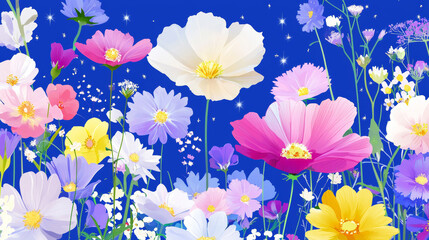 Colorful book cover featuring wildflowers in full bloom background deep blue with stars pastel shades of pink yellow white purple children's illustration copy space
