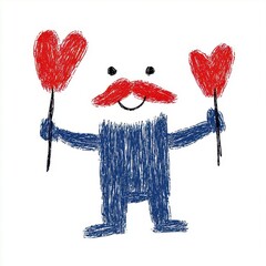 Cheerful Cartoon Figure with Red Mustache Holding Hearts