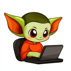 Cheerful Green Creature Using Laptop