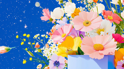 Festive blue tones flowers wildlife garden under starry night sky romance novel cover meditation relaxing scene plants botanic floral illustration with copy space