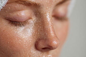 Close-up woman face transparent gel bio microneedling spicules skin rejuvenation natural gentle care, Selective Focus..