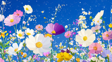 Playful vibrant pastel flowers in shades of pink, blue, and yellow, blooming against a sparkling starry night sky, creating a whimsical and peaceful garden scene with celestial glowing elements