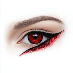 Close Up Red Eye with Bold Black and Red Liner and White Background