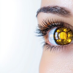 Close Up Woman's Eye Glowing Golden Circuit Board Pattern Bright White Background