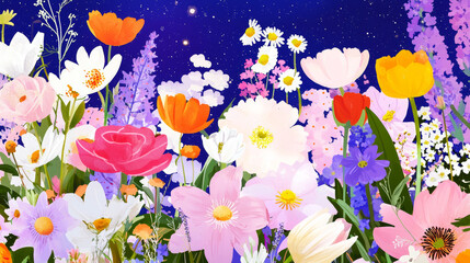 Magic vibrant blooming flowers in shades of pink, red, yellow, and purple, set against a celestial starry sky, creating a whimsical and peaceful spring garden scene with vivid, lively blooms