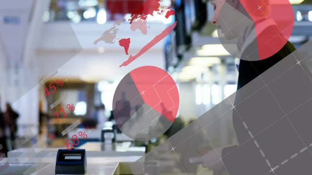 Passenger scanning phone at airline desk showing charts and maps as agent handing pass for boarding