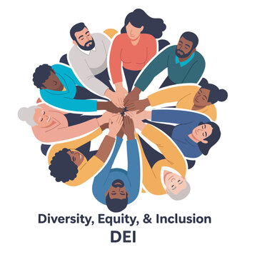An illustration of diverse people from various backgrounds, ages, and genders with hands joined in a circle, symbolizing unity, collaboration, and a commitment to Diversity, Equity, and Inclusion (DEI