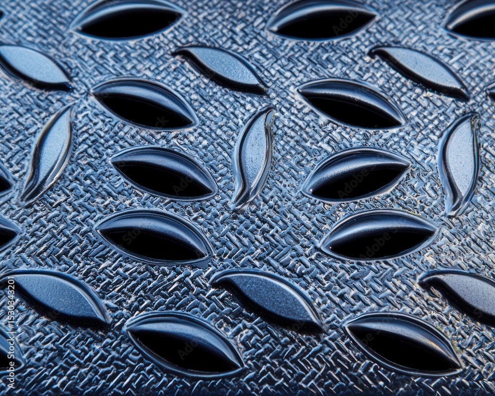 Poster close-up of a dark blue metallic surface with a repeating pattern of elongated oval cutouts, set aga