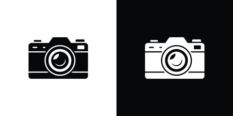 Dual Presentation Black and White Camera Icons on Contrasting Backgrounds Showcasing Photographic Concepts