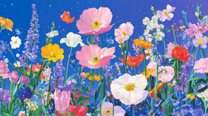 Illustration blooming flowers in shades of pink, purple, yellow, and blue, set against a dreamy pastel backdrop, creating a whimsical and playful spring garden scene full of colorful, lively blooms